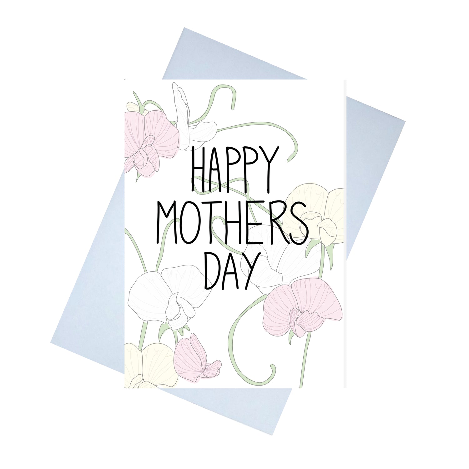 A white card featuring sweet peas in muted green, pink and cream. In front of the sweet peas are the words HAPPY MOTHERS DAY in black handwriting across the middle. Behind the card is a lilac envelope, behind which is a white background.