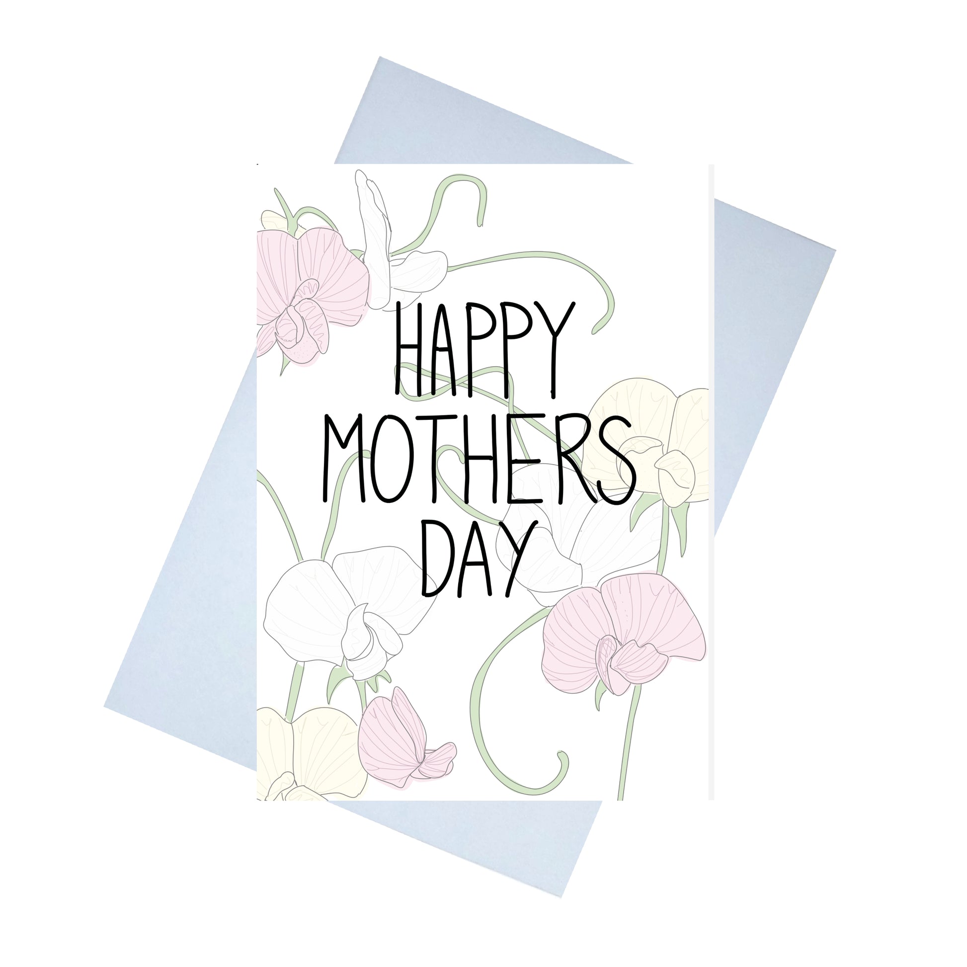 A white card featuring sweet peas in muted green, pink and cream. In front of the sweet peas are the words HAPPY MOTHERS DAY in black handwriting across the middle. Behind the card is a lilac envelope, behind which is a white background.