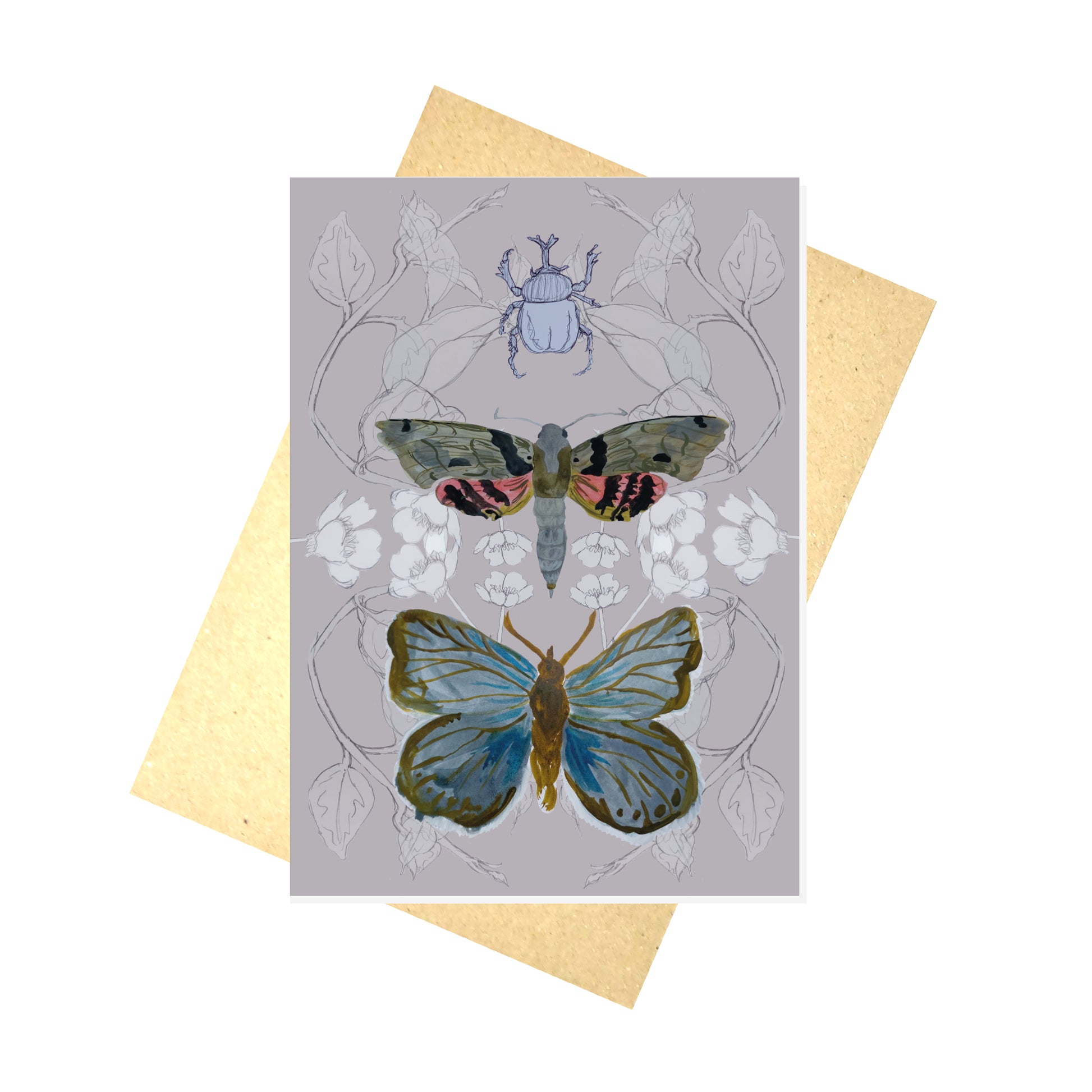 A grey-pink card featuring a layered design created using illustrations from my sketchbook. Central to the card are a rhino beetle, a tropical moth and a blue butterfly. Behind the card is a brown envelope, behind which is a white background.